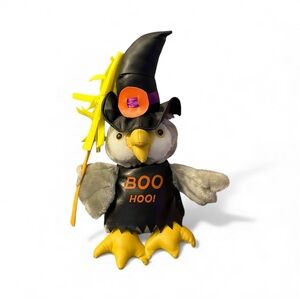 Boo Hoo Stuffed Animal Plush Toy Halloween Gray Owl in Witch Costume & Hat Broom